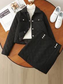 2pcs Girls' Black Solid Quilted Long Sleeve Cardigan And Skirt Set