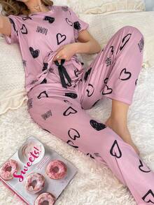 Heart Print PJ Set / Pajama Set - Multicolor - View 6