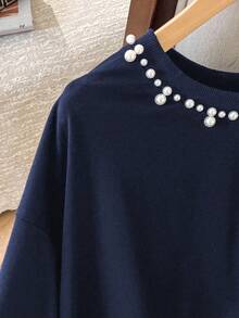 Lacomfia 女式宽松珍珠装饰圆领长袖休闲日常运动衫，加大码