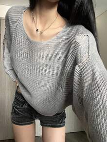 DAZY Hollow Out Loose Knit Sweater For Women, Lightweight Casual French Style Outerwear, Autumn/Winter - Grey - View 1