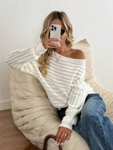 Easowa Asymmetrical Neck Batwing Sleeve Sweater,Long Sleeve Tops In Fall/Winter - White - View 5