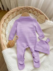 SHEIN Newborn Baby Girl Cute Cartoon Bear Romper With Hat, Autumn/Winter