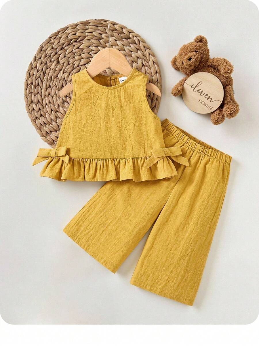 女婴可爱纯色荷叶边下摆吊带背心和裤子 2 件套套装，夏季