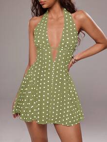 TRNVIE Women's Polka Dot Print Sexy V-Neck Backless Mini Dress