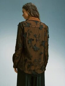 Airlisse Women's Solid Color Lace Crochet Patchwork Stand Collar Long Sleeve Blouse