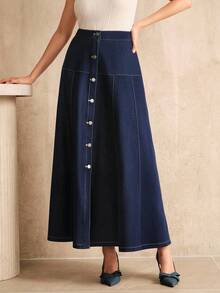 Anewsta Elegant Casual A-Line Denim Single-Breasted Skirt For Women - Blue - View 7