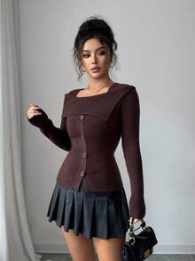 SHEIN Elenzya 女式方领斗篷式毛衣 - 棕色 - 查看 5