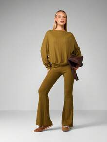 MISSGUIDED Oversized Ribbed Knit Cozy Fall Two Piece Set Long Sleeve Bardot Sweater Flared Pants Co-Ord Winter Lounge Outfit Relaxed Fit Comfort Wear Christmas - Green - View 3