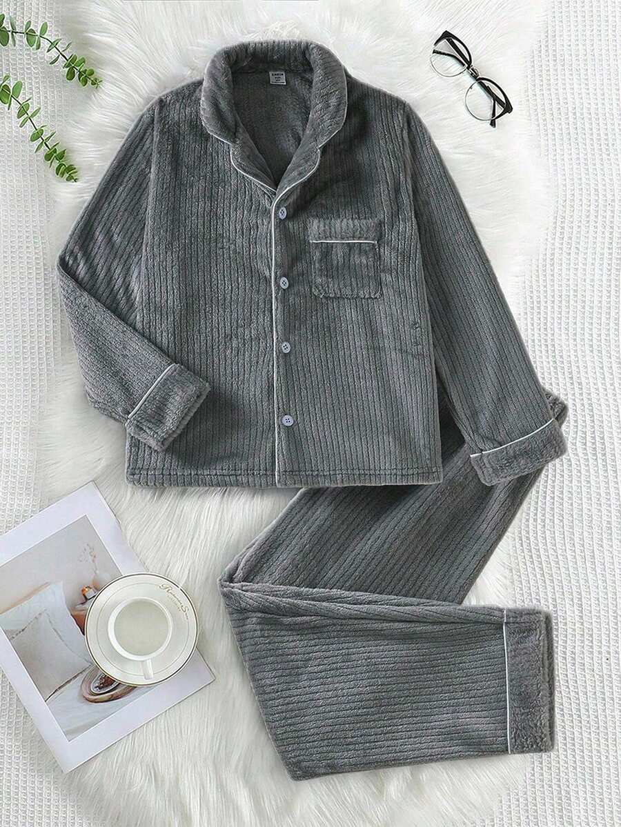 2pcs Boys Plush Plush Collar Cardigan And Pants Comfortable Loungewear Set, Dark Blue Boys Pant And Shirt Set Tween Boy Clothes Set Boy Pajama Set Boys Flannel Plaid Shirt Tops Pants Set - Baby Blue - View 1