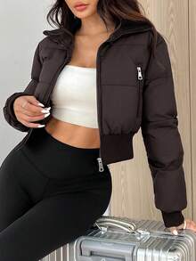 SHEIN EZwear Áo khoác đệm lót phía trước có khóa kéo màu trơn dành cho nữ vào mùa thu/đông - Cà phê nâu - Xem 3