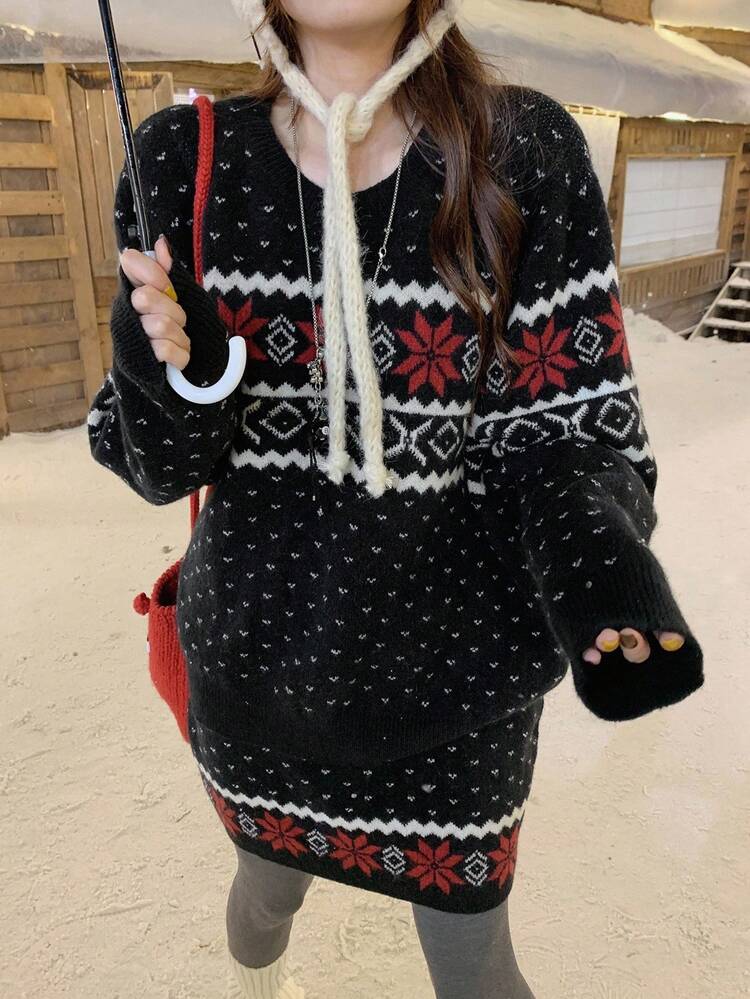 Women's Snowflake Pattern Long Sleeve Loose Knit Sweater And Knit Midi Skirt Casual 2 Pieces Set, Autumn/Winter Christmas,New Year