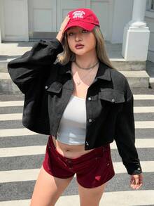 SHEIN EZwear معطف كاجوال فضفاض بأكمام طويلة وياقة منسدلة للنساء المقاسات الكبيرة للربيع والخريف ذو لون واحد - الأسود - مشاهدة 3