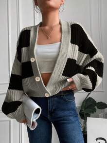 EURMUSE Women's Casual Contrast Color Striped Button Front Cardigan, Spring/Fall - Black - View 5