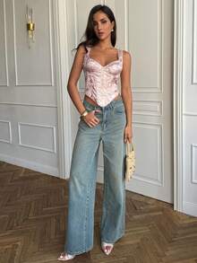 SHEIN BAE Áo lót không tay thêu hoa có họa tiết, Áo ngực nữ, Áo ngực hoa màu hồng - Màu Hồng baby - Xem 5