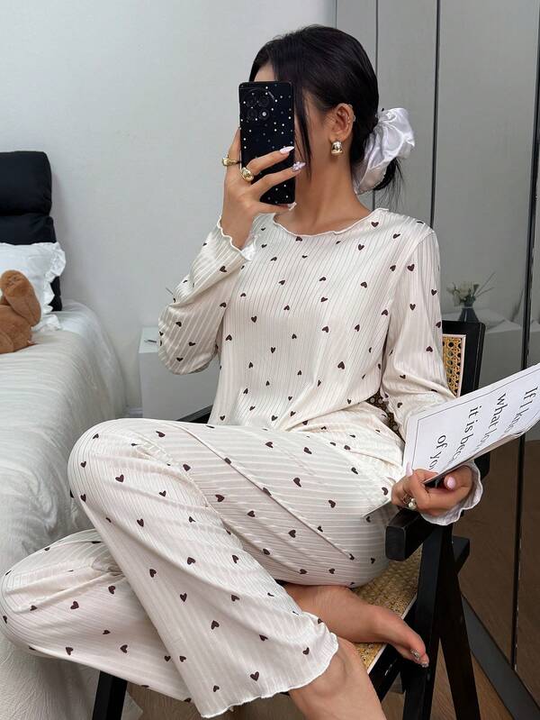 SHEIN Heart Textured Casual Thermal Long Sleeve & Pants Women Pajama Set, Fall/Winter Clothes