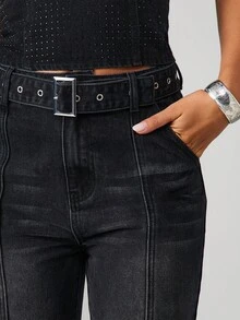 MISSGUIDED 阔腿牛仔裤 毛边剪裁 高腰 束带牛仔裤 复古缝线细节拼接设计 休闲秋冬裤 - 黑色 - 查看 4