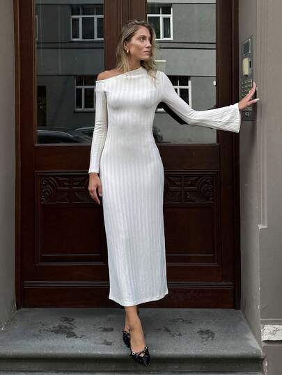 Pariaura فستان نسائي ضيق بنمط مخطط ملمس لون المشمش، خريفي