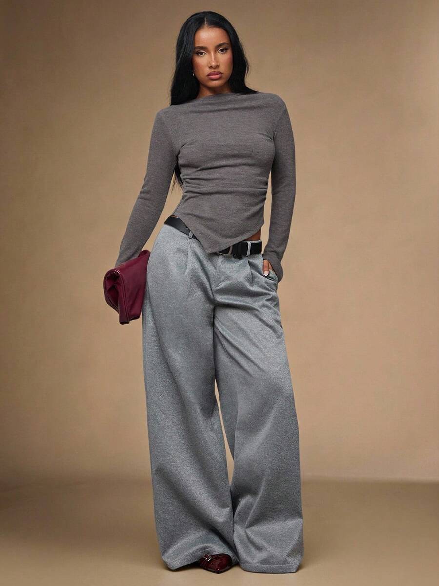 SHEIN BAE Women's Solid Color Pleated Waist Belt Loop Casual Loose Pants - Light Grey - View 1