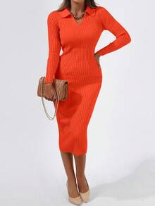 RueChic Solid Ribbed Knit Bodycon Sweater Dress - Orange - View 7