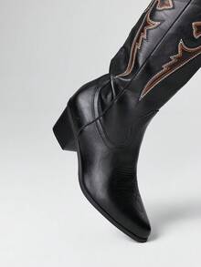 ROMWE Kawaii Botas occidentales de mujer con diseño hueco de alas de mariposa bordadas, nuevas botas de piel por encima de la rodilla para primavera/otoño - Negro - Ver 3