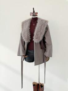 Auralis Plus Size Solid Color Faux Fur Patchwork Long Sleeve Overcoat, Autumn/Winter