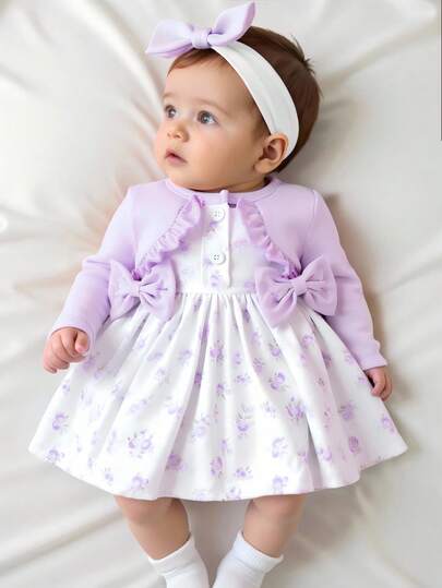 SHEIN Newly Born Baby Girl Pink Long Sleeved Patchwork Floral Bow Dress With Elegant, Sweet And Cute Headband, Suitable For Daily Outdoor Leisure Activities In Autumn Fall Winter
