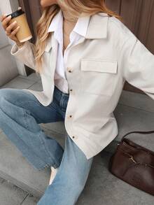 SHEIN LUNE Women's Casual Solid Color Long Sleeve Utility Pocket Jacket, Autumn/Winter Cream Outfit Women Shackets For Women White Jacket For Women Neutral Clothes For Womenfall Clothes For Women Winter Clothes For Women Business Casual Woman Work Outfits For Women Women's Winter Jacket