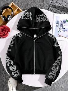 SHEIN Áo nỉ ngắn tay có khóa kéo, đính đá và đinh tán kiểu Gothic dành cho bé gái tuổi teen, thích hợp cho lễ tốt nghiệp/trở lại trường học, mùa thu/đông. - màu đen - Xem 8