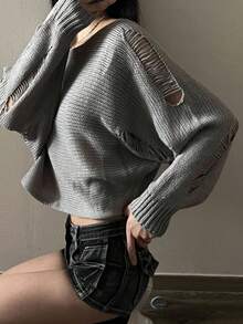 DAZY Hollow Out Loose Knit Sweater For Women, Lightweight Casual French Style Outerwear, Autumn/Winter - Grey - View 7