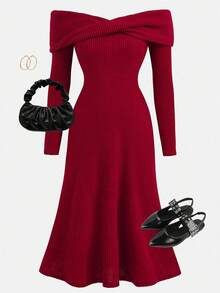 Girlism 少女酒红色罗纹针织蝴蝶结腰身复古优雅派对休闲圣诞长裙红色服装秋季连衣裙樱桃套装女式连衣裙红色带袖连衣裙 - 酒紅色 - 查看 4