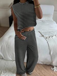 CovetEZ 2pcs Black Striped Knit Casual Set For Women Tall Two Piece Set Two Piece Set Women Comfy Casual Two Piece Set