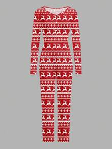 SHEIN LUNE Christmas Striped Pajamas With Button Front, Burgundy Reindeer & Snowflake Print, Slim Fit, Suitable For Party And Home Wear, Women Jumpsuit Pajamas - Multicolor - View 3