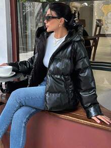 EURMUSE 纯色连帽拉链长袖夹克，冬季 - 黑色 - 查看 5