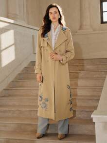 Anewsta Savoree Solid Color Contrast Asymmetrical Floral Embroidered Handmade 3D Flower Lapel Raglan Sleeve Belted Long Trench Coat