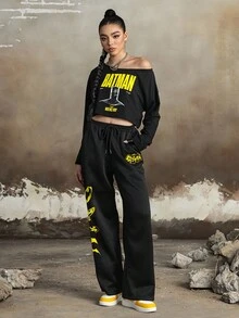 BATMAN X SHEIN 2件組女款休閒字母與圖形印花短版上衣與長褲套裝，秋季慢跑運動褲套裝，女款街頭風搖滾風兩件套長褲套裝 - 黑色 - 查看 3
