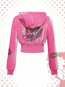 Betty Boop | ROMWE 大码 Y2K 字母图案水钻装饰卫衣和裤子 2 件套 - 粉色 - 查看 7