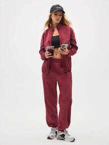 Eassivo Eassivo 女式撞色饰边拉链长袖上衣和抽绳长裤运动套装 - 棕色 - 查看 5