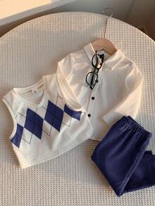 SHEIN 3pcs Baby Boy Casual Argyle Vest,White Shirt,Blue Pants Outfit,Blue And White Striped,Autumn,Casual,Matching Family,Back-To-School,Birthday,Wedding - Navy Blue - View 9