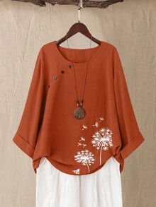 Linhara Plus Size Women's Printed 3/4 Sleeve Shirt, Suitable For Spring & Summer Holiday - Orange - View 1