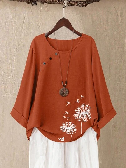 Linhara 大码女式印花 3/4 袖衬衫，适合春夏季假期