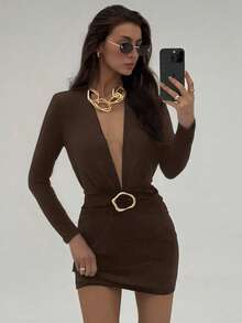 Aloruh Women's Solid Color Deep V-Neck Long Sleeve Metal Waist Design Sexy Mini Dress,Dresses For Women Party