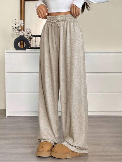 SHEIN Tween Girls' Loose Casual Minimalist Comfortable Mid-Waist Straight Knit Sweatpants Fall Winter