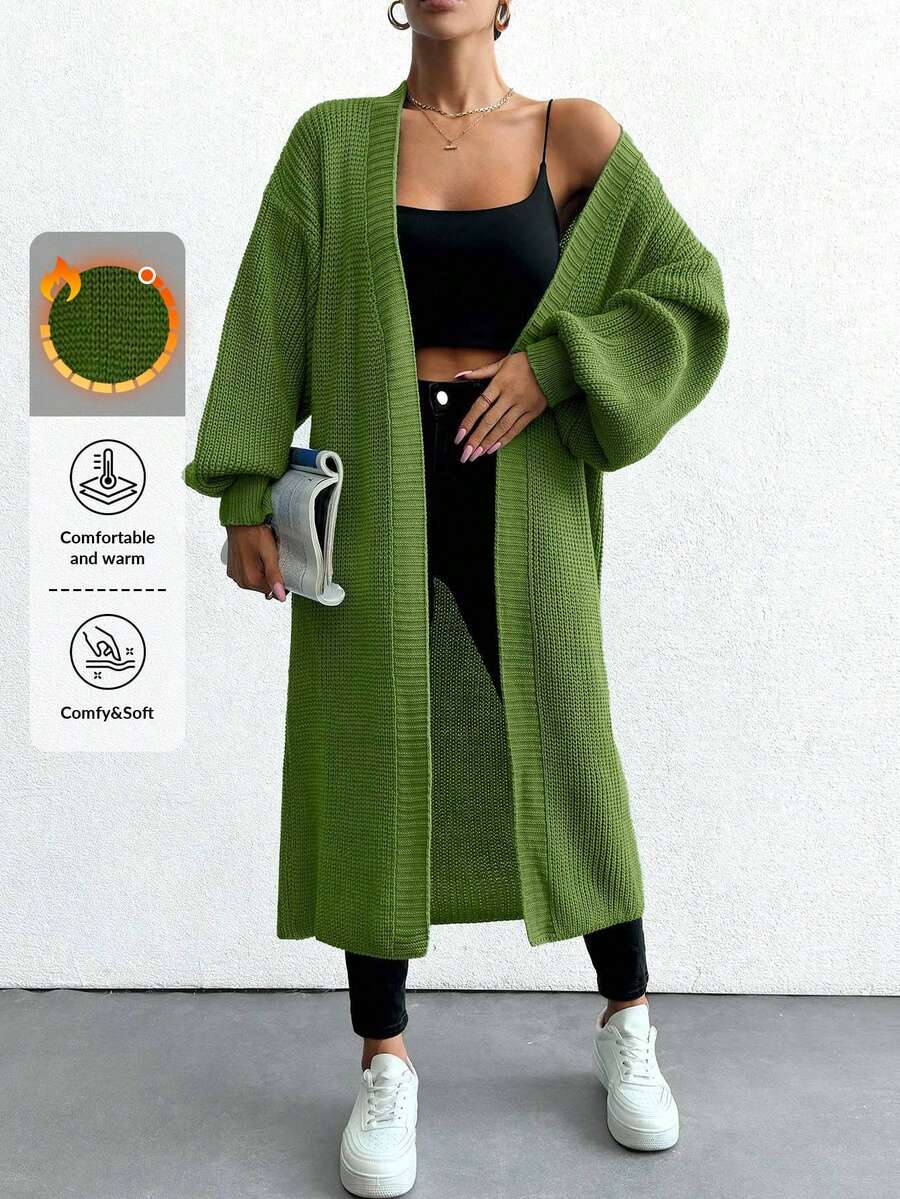EURMUSE Cardigan long décontracté à manches longues et épaules tombantes de couleur unie pour femmes - Vert olive - Voir 1