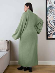 EURMUSE Suéter de manga larga con cuello alto y manga raglán para mujer de talla grande con bajo dividido - Verde - Ver 2
