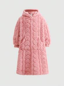 SHEIN 女童纯色粉色毛绒连帽长款卫衣，适合秋冬季节穿着。 - 粉色 - 查看 5
