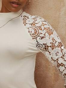 SHEIN Privé VITNOS Luxury Women's Elegant Lace Sleeves Jersey Shirt Top, Chic Autumn, Fall New Style Women, Gala Night, Casual, Weekend, Old Money Aesthetic, Lace Now, Fall Looks, Fashionable This Autumn Winter, Delicate Romance, Business Casual, Cool Girl Night Out, Elegant, Autumn Winter Work Style, Easy Comfort, Suitable For Dates, Going Out, Night Out, Weddings, Holiday, Vacation, Birthday - Apricot - View 10