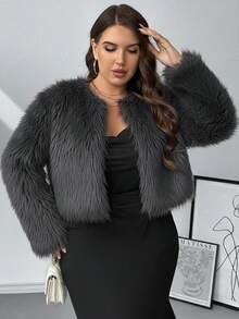 SHEIN Privé Plus Size Women Solid Color Loose Fit Faux Fur Collar-Less Long Sleeve Jacket, Winter