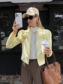 Elyressa 女士双排扣金色纽扣装饰法式休闲日常通勤时尚优雅街头复古百搭假日商务米色长袖夹克外套，秋冬 - 黃色 - 查看 3