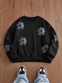 EASEVO 加大码男士休闲圆领套头卫衣，黑色，全印花图案，春秋季