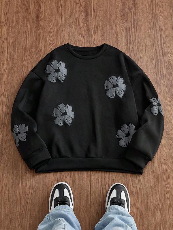 SWAVVY Men's Casual Floral Knit Crew Neck Long Sleeve Pullover Sweatshirt, 2000s Style, For Fall Winter